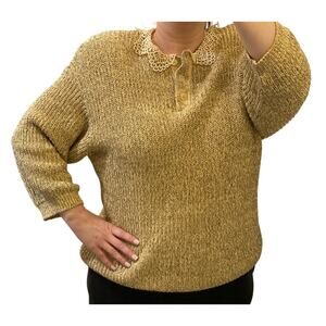 Vintage 80s Silk Slouchy Granny Knit Lace Collar Sweater Sz L Cottagecore Cotton